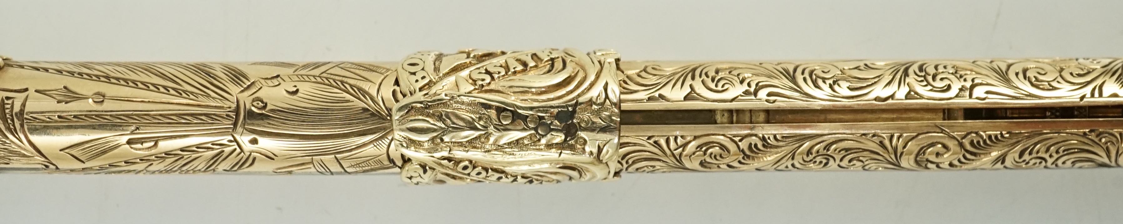 A Victorian chased 15ct gold telescopic pencil made by Sampson Mordan in 1852 in commemoration of the death of the Duke of Wellington